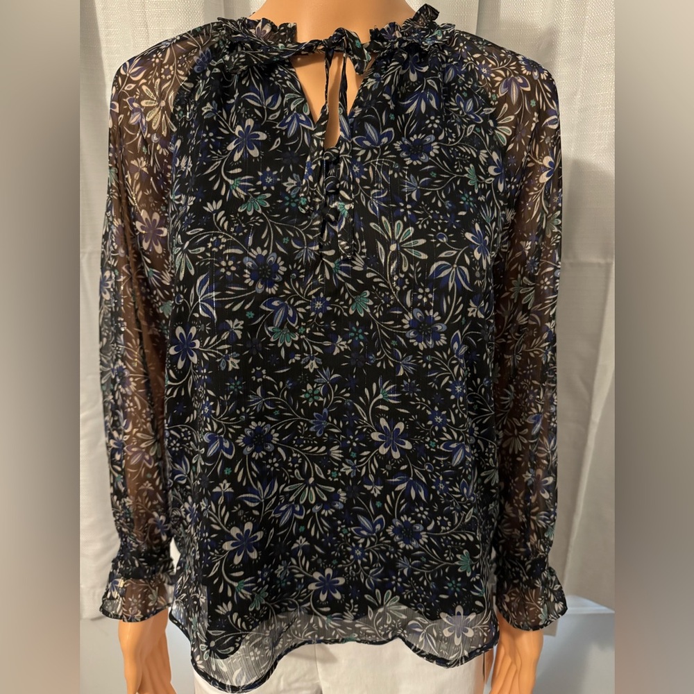 Pretty LOFT size XSP black blue floral long sleeve tie neck blouse NWT